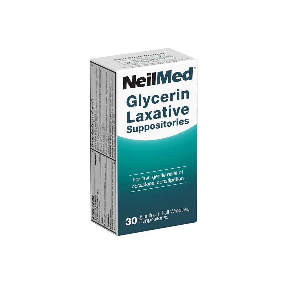 NeilMed Glycerin Laxative Suppositories box, containing 30 aluminum foil wrapped suppositories, shown on a plain white background.