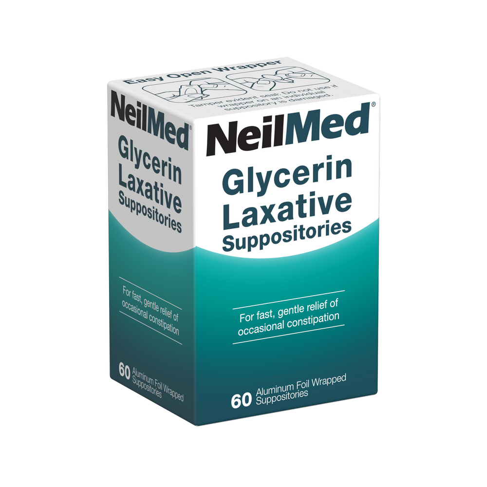 NeilMed Glycerin Laxative Suppositories in a white and teal box, containing 60 aluminum foil wrapped suppositories.